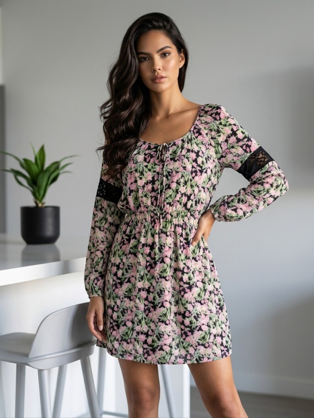 Princess Vera Wang Floral Peasant Dress Black Lace Gauze Boho Mini S Dark Luxe